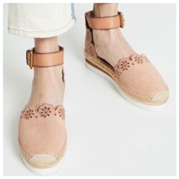 See By Chloe Glyn Suede Laser Cut Flower Buckle Wedge Espadrille Shoes Size 8 38 - Picture 10 of 10
